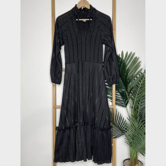 Vintage Dresses & Skirts - Vintage 70s Black Stripe Knit Midi Dress Size 6-8 V Neck Tie Frill Ruffle Collar